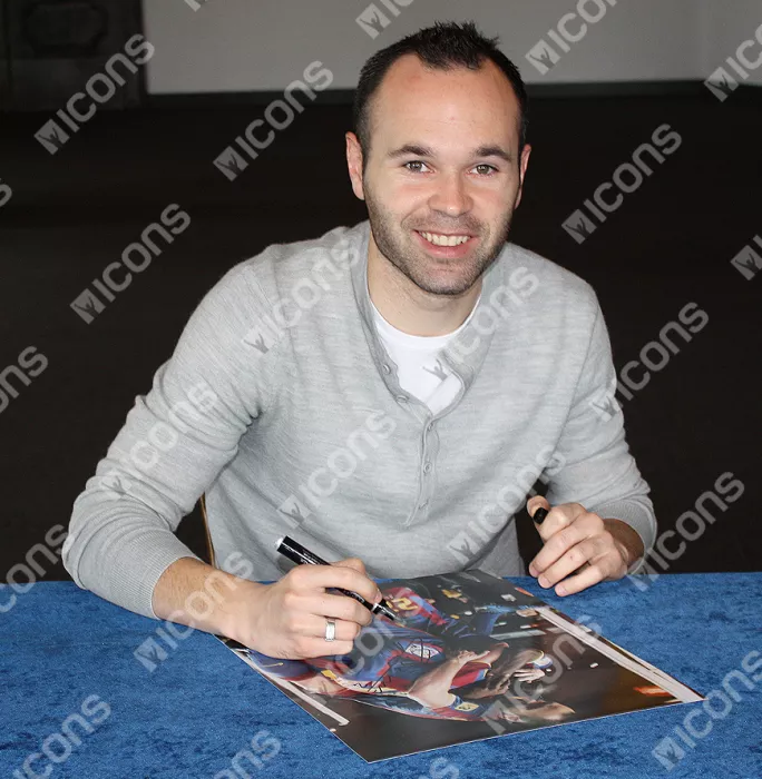 Andres Iniesta Signed FC Barcelona Photo In Black Wooden Frame: Team Celebration