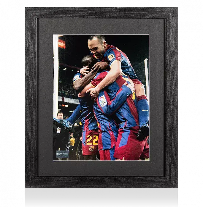 Andres Iniesta Signed FC Barcelona Photo In Black Wooden Frame: Team Celebration