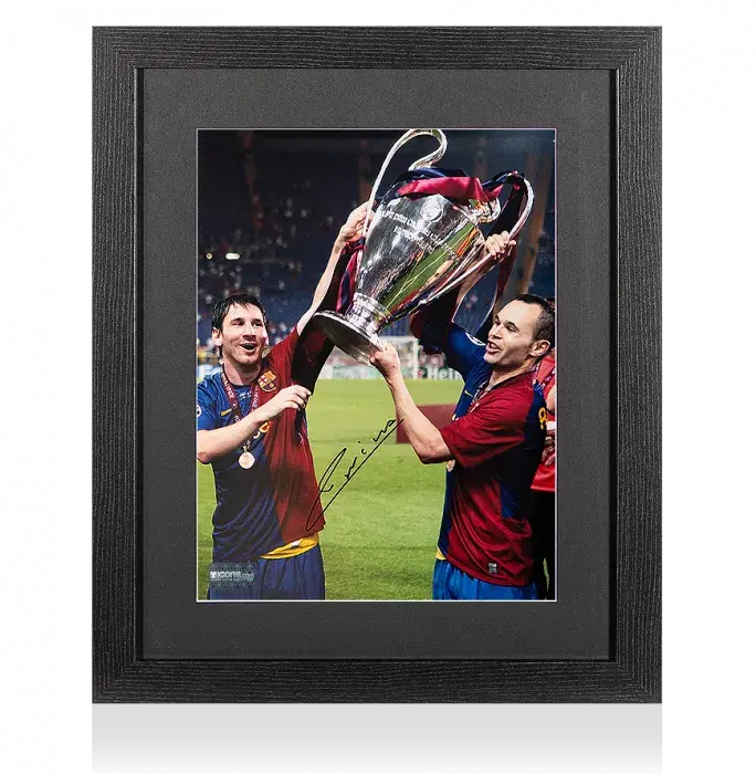 Andres Iniesta Signed FC Barcelona Photo In Black Wooden Frame: 2009 UEFA Champions League Winner