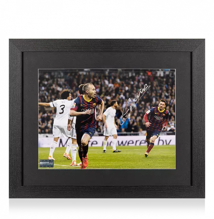Andres Iniesta Signed FC Barcelona Photo In Black Wooden Frame: El Clasico Goal