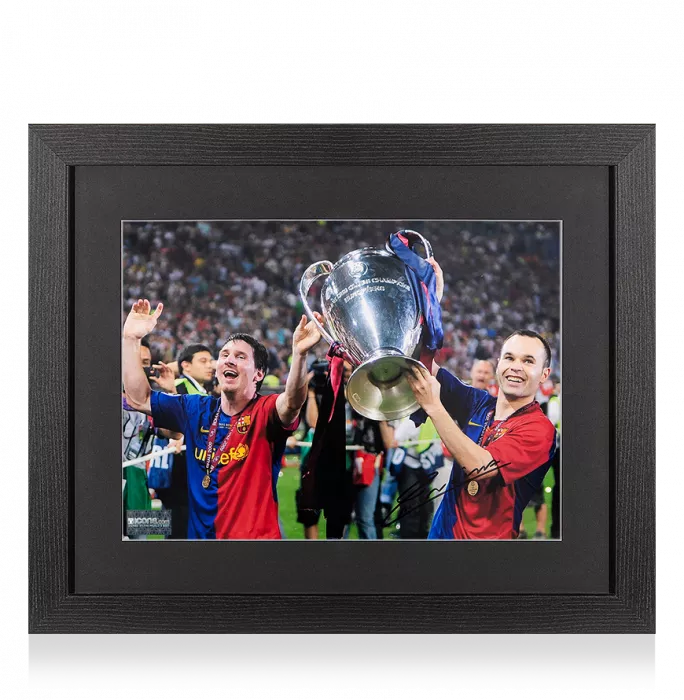 Andres Iniesta Signed FC Barcelona Photo In Black Wooden Frame: 2009 UEFA Champions League Winner