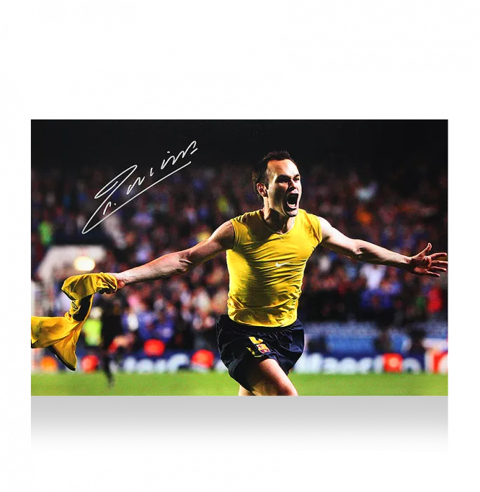 Andres Iniesta Signed FC Barcelona Photo In Black Wooden Frame: 'Iniestazo' Goal Vs Chelsea