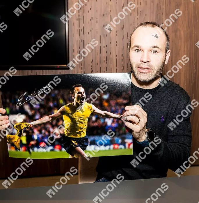 Andres Iniesta Signed FC Barcelona Photo In Black Wooden Frame: 'Iniestazo' Goal Vs Chelsea