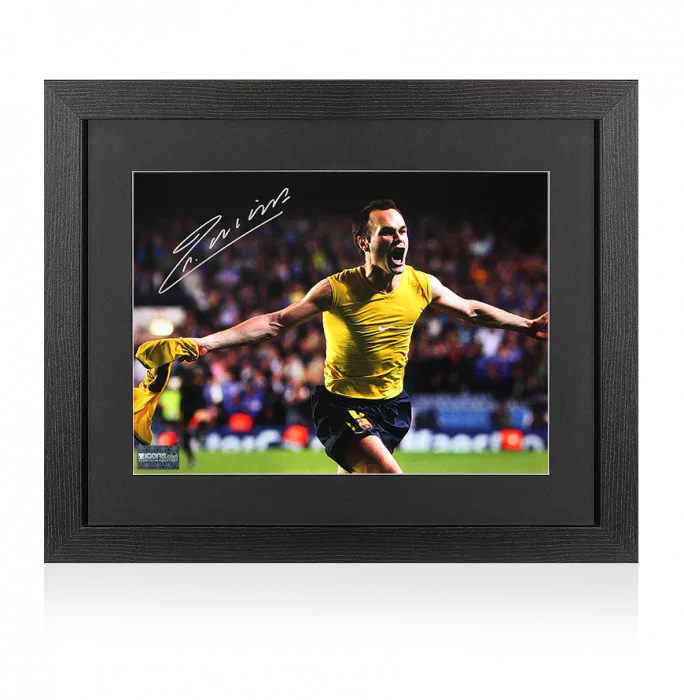 Andres Iniesta Signed FC Barcelona Photo In Black Wooden Frame: 'Iniestazo' Goal vs Chelsea