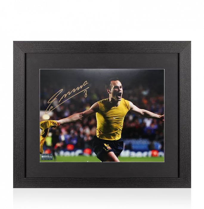 Andres Iniesta Signed FC Barcelona Photo In Black Wooden Frame: Shirt Off Celebration