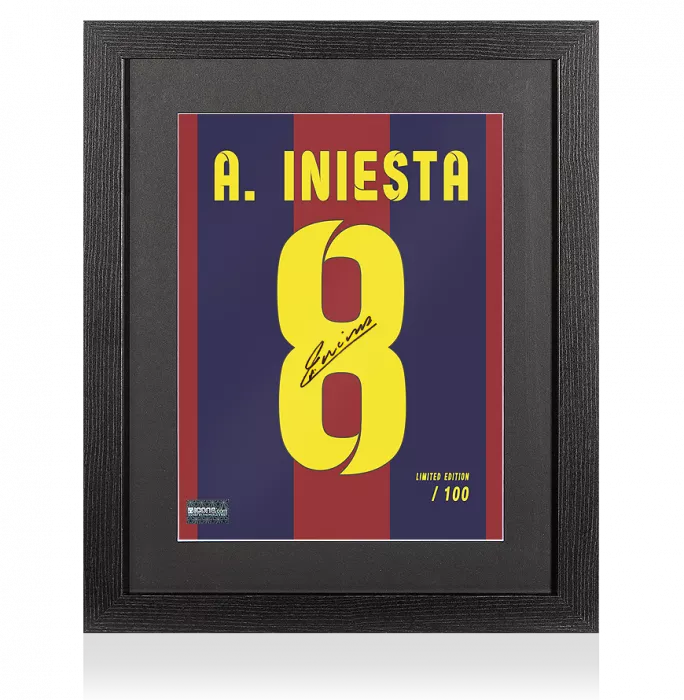 Andres Iniesta Signed FC Barcelona Shirt Print In Black Wooden Frame: Limited Edition 'Iniesta 8'