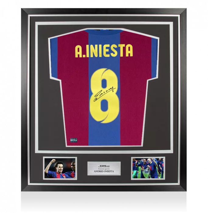 Andres Iniesta Signed Retro FC Barcelona Home Shirt In Classic Frame