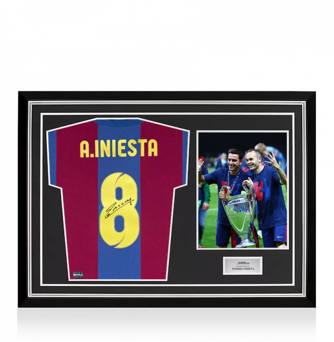 Andres Iniesta Signed Retro FC Barcelona Home Shirt In Hero Frame: Option 1