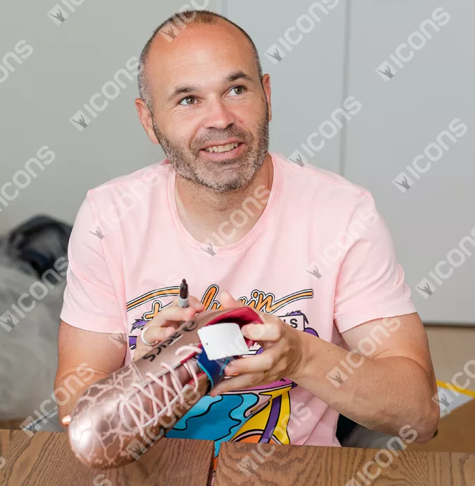 Andres Iniesta Signed Rose Asics Menace Boot In Acrylic Case