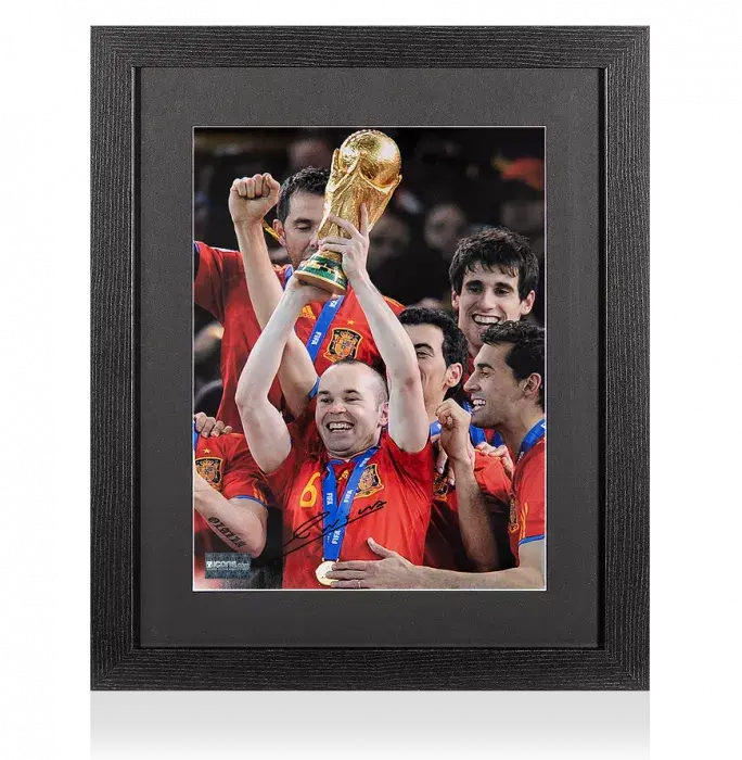 Andres Iniesta Signed Spain Photo In Black Wooden Frame: 2010 FIFA World Cup Winner