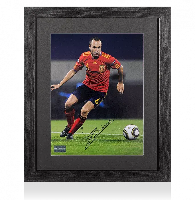 Andres Iniesta Signed Spain Photo In Black Wooden Frame: On The Ball