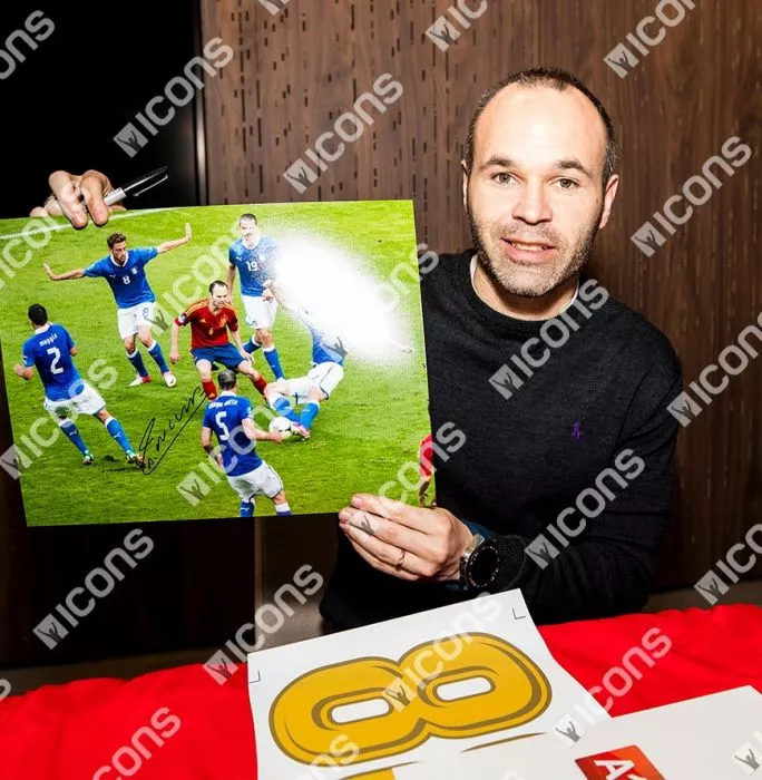 Andres Iniesta Signed Spain Photo In Black Wooden Frame: Surrounded