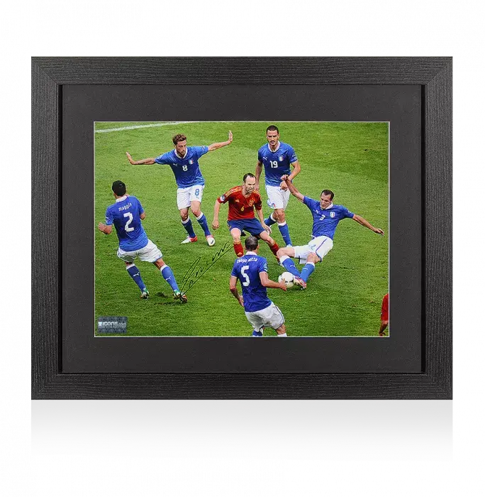 Andres Iniesta Signed Spain Photo In Black Wooden Frame: Surrounded