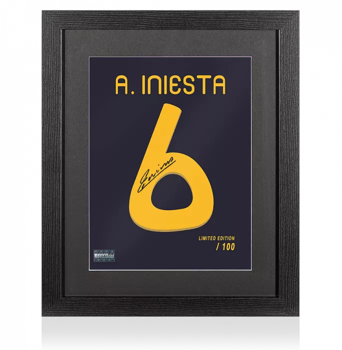 Andres Iniesta Signed Spain Shirt Print In Black Wooden Frame: Limited Edition 2010 FIFA World Cup Winner