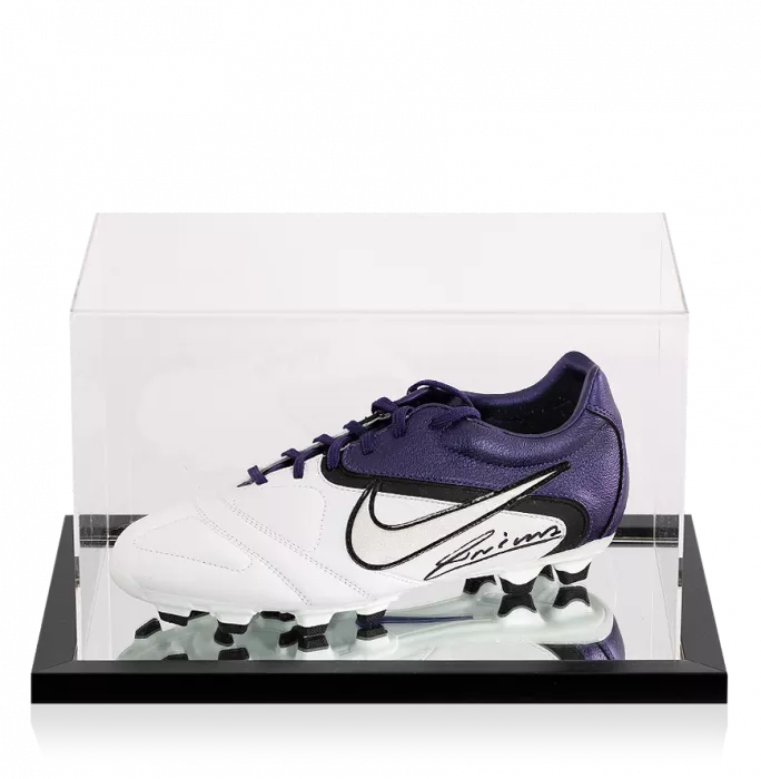 Andres Iniesta Signed White And Purple Nike CTR 360 Boot In Acrylic Case