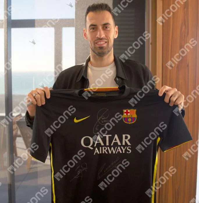 Andres Iniesta Xavi And Sergio Busquets Official FC Barcelona Front Signed And Framed 2013-14 Away Shirt