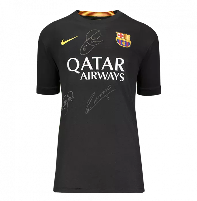 Andres Iniesta Xavi And Sergio Busquets Official FC Barcelona Front Signed And Framed 2013-14 Away Shirt