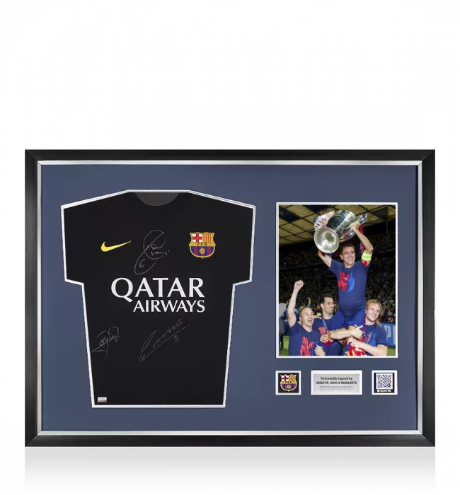 Andres Iniesta Xavi and Sergio Busquets Official FC Barcelona Front Signed and Framed 2013-14 Away Shirt