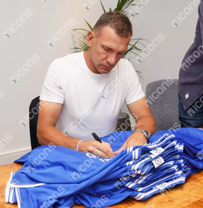 Andriy Shevchenko Back Signed Retro Chelsea FC Home Shirt With Fan Style Numbers In Hero Frame: Option 1