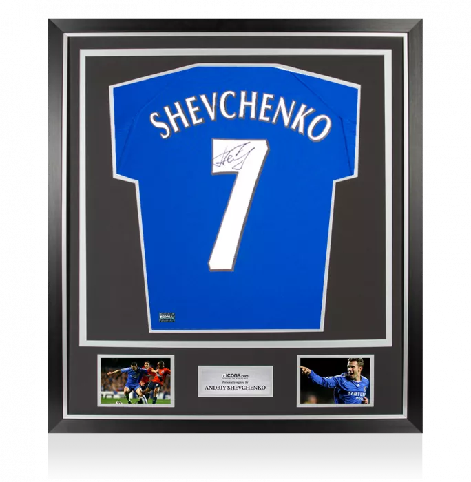 Andriy Shevchenko Back Signed Retro Chelsea FC Home Shirt with Fan Style Numbers In Classic Frame