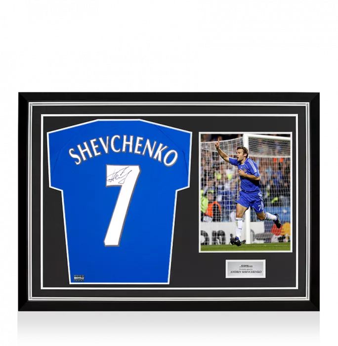 Andriy Shevchenko Back Signed Retro Chelsea FC Home Shirt with Fan Style Numbers In Hero Frame: Option 1