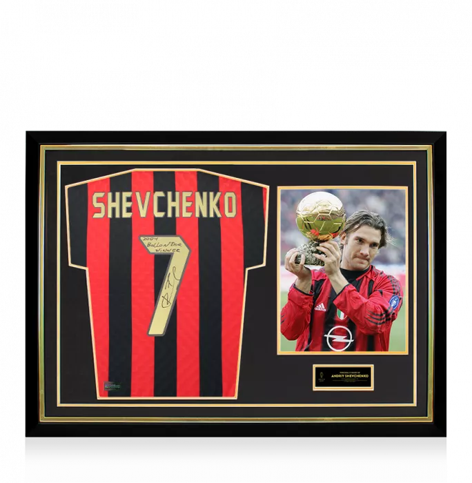 Andriy Shevchenko Official Ballon d'Or™ Signed and Hero Framed AC Milan Retro Home Shirt: 2004 Winner Inscription