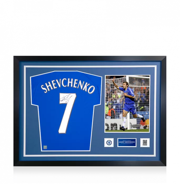 Andriy Shevchenko Official Chelsea FC Signed and Framed Retro Home Shirt with Fan Style Numbers