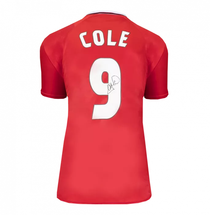 Andy Cole Back Signed Manchester United 1999 Home Shirt With UEFA Champions League Fan Style Numbers In Hero Frame: Option 1