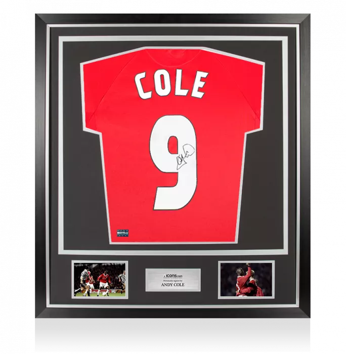 Andy Cole Back Signed Manchester United 1999 Home Shirt With UEFA Champions League Fan Style Numbers In Classic Frame