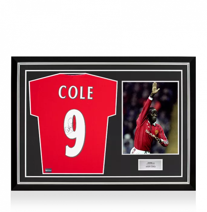 Andy Cole Back Signed Manchester United 1999 Home Shirt With Premier League Fan Style Numbers In Hero Frame: Option 1