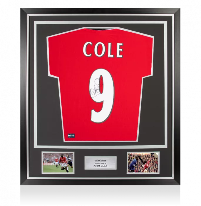 Andy Cole Back Signed Manchester United 1999 Home Shirt With Premier League Fan Style Numbers In Classic Frame