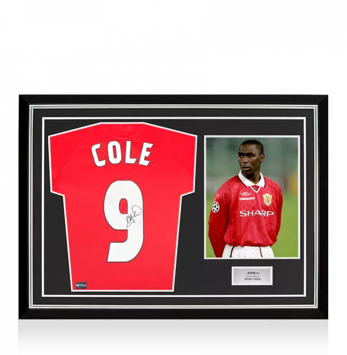 Andy Cole Back Signed Manchester United 1999 Home Shirt With UEFA Champions League Fan Style Numbers In Hero Frame: Option 1