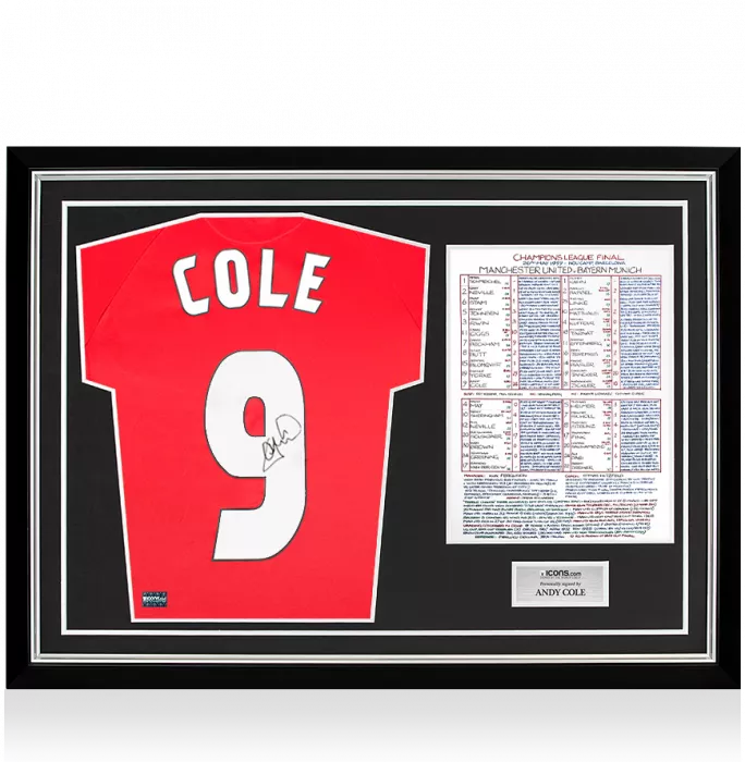 Andy Cole Back Signed Manchester United 1999 UEFA Champions League Home Shirt In Commentary Chart Frame