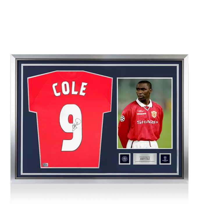 Andy Cole Official UEFA Champions League Back Signed and Hero Framed Manchester United 1999 Home Shirt With Fan Style Numbers
