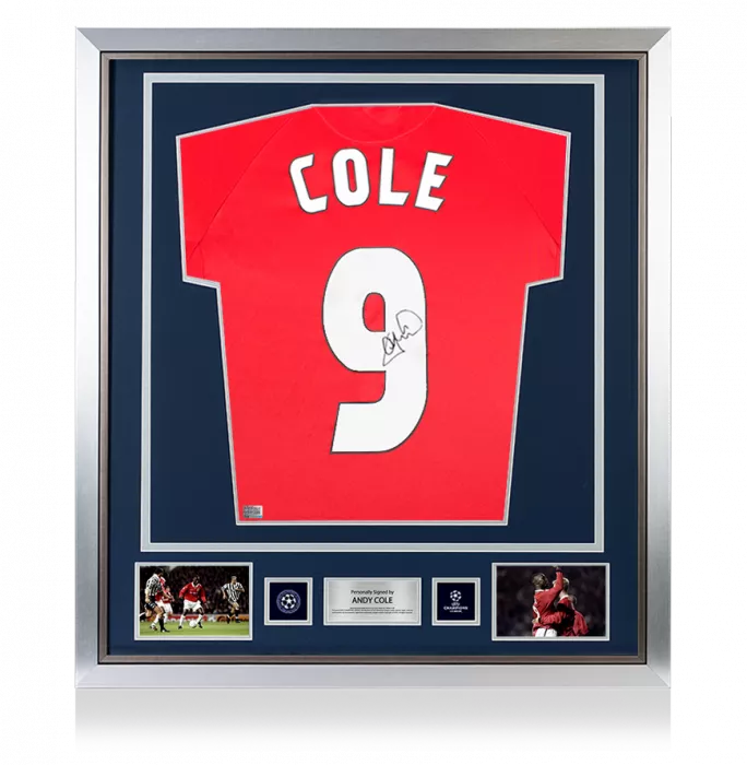 Andy Cole Official UEFA Champions League Back Signed and Framed Manchester United 1999 Home Shirt With Fan Style Numbers