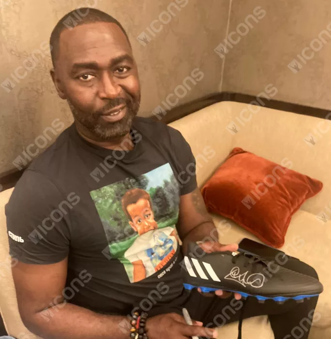 Andy Cole Signed Black And Blue Adidas Boot In Bubble Frame: Option 1