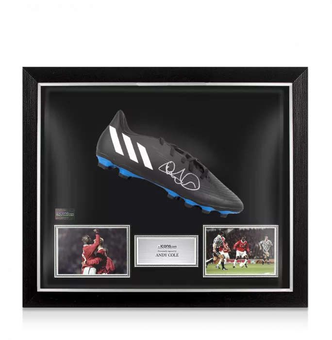 Andy Cole Signed Black And Blue Adidas Boot In Bubble Frame: Option 1