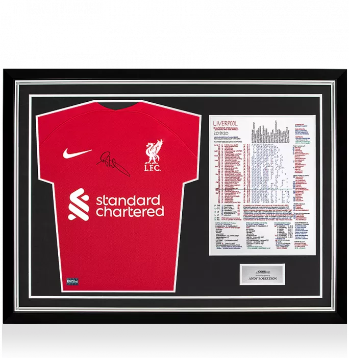 Andy Robertson Front Signed Liverpool FC 2022-23 Home Shirt In Commentary Chart Frame