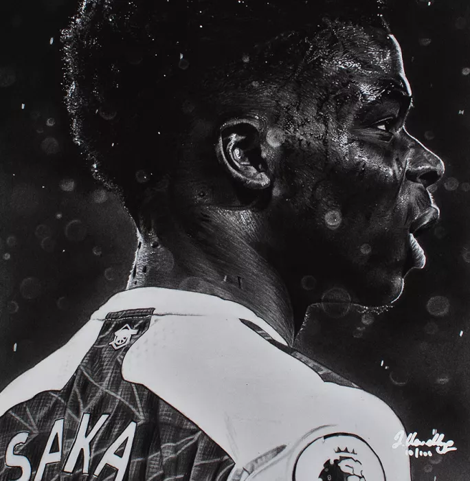 ARTIST SIGNED Bukayo Saka Tribute Artwork In Black Wooden Frame: Arsenal Star
