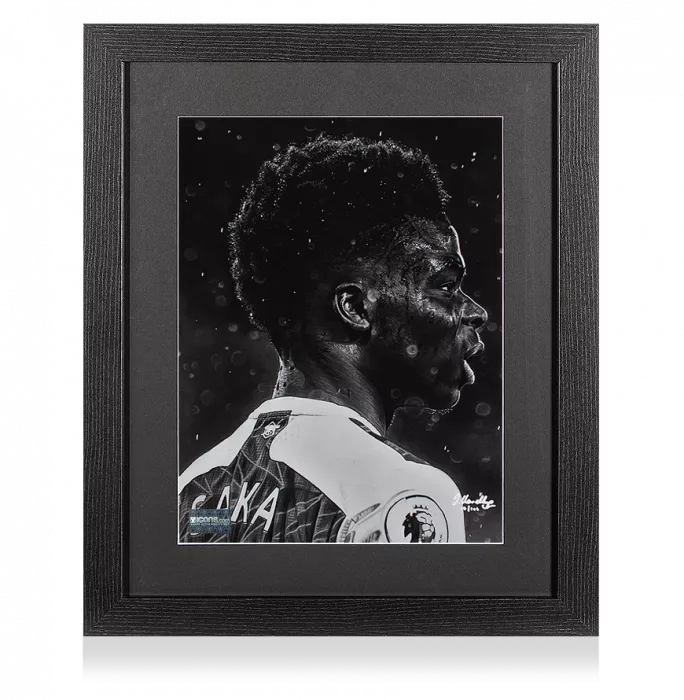 ARTIST SIGNED Bukayo Saka Tribute Artwork In Black Wooden Frame: Arsenal Star