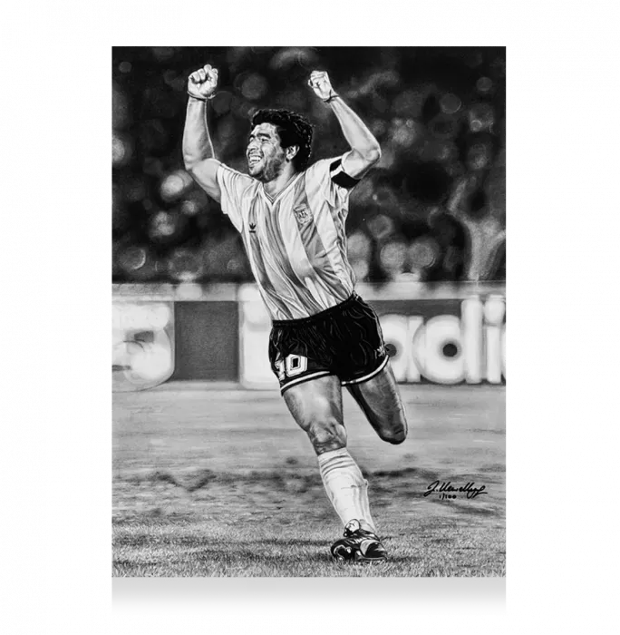 ARTIST SIGNED Diego Maradona Tribute Artwork In Black Wooden Frame: Celebration