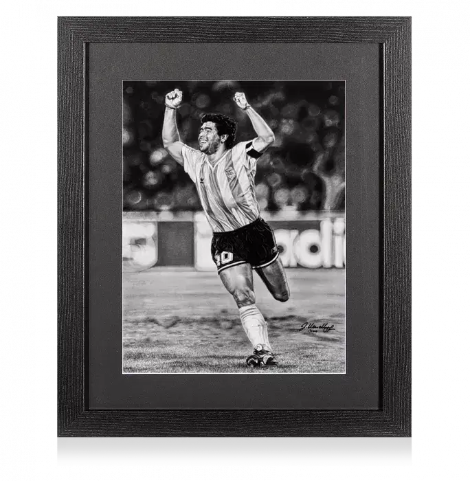 ARTIST SIGNED Diego Maradona Tribute Artwork In Black Wooden Frame: Celebration