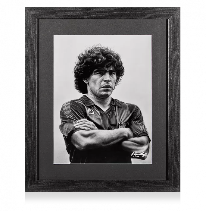 ARTIST SIGNED Diego Maradona Tribute Artwork In Black Wooden Frame: FC Barcelona Icon