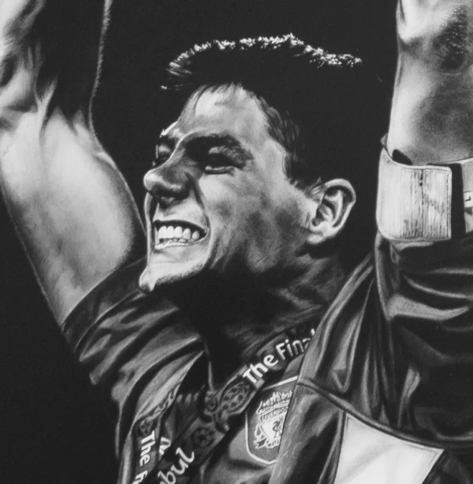 ARTIST SIGNED Steven Gerrard Tribute Artwork In Black Wooden Frame: 2005 UEFA Champions League Winner