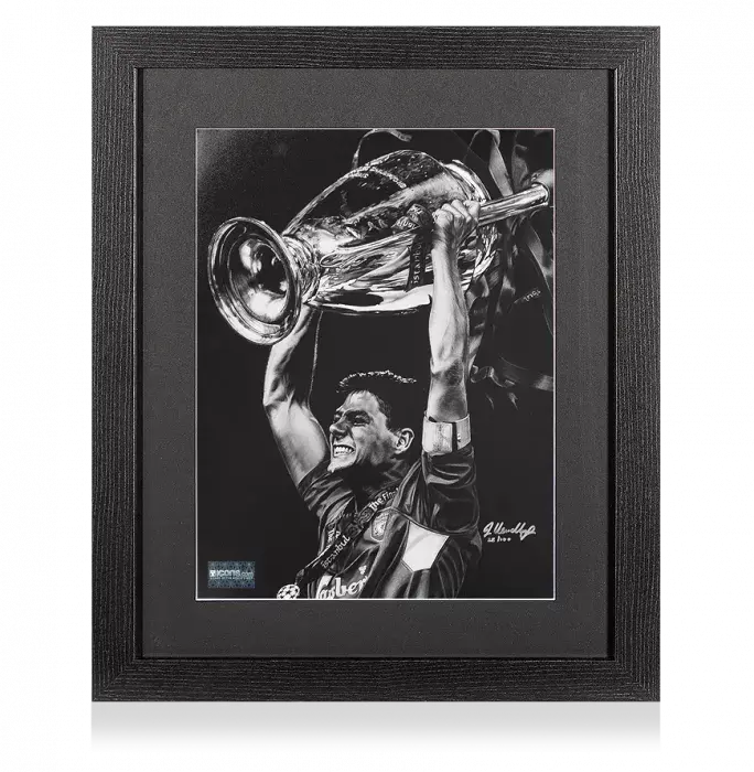 ARTIST SIGNED Steven Gerrard Tribute Artwork In Black Wooden Frame: 2005 UEFA Champions League Winner