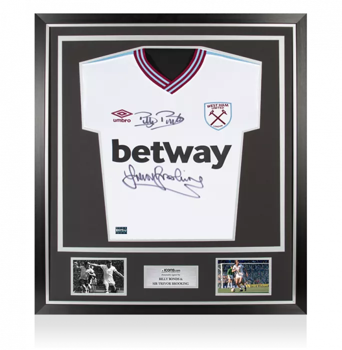 Billy Bonds & Trevor Brooking Front Signed West Ham 2019-20 Away Shirt In Classic Frame