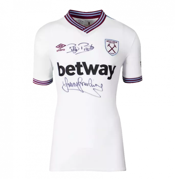 Billy Bonds & Trevor Brooking Front Signed West Ham 2019-20 Away Shirt In Hero Frame: Option 1