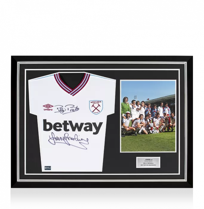 Billy Bonds & Trevor Brooking Front Signed West Ham 2019-20 Away Shirt In Hero Frame: Option 1