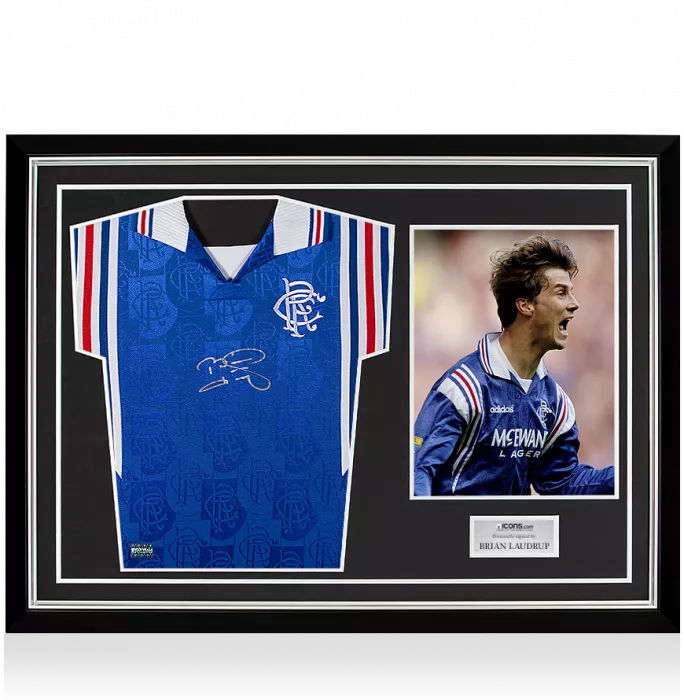 Brian Laudrup Front Signed Rangers Home Shirt In Hero Frame: Option 1