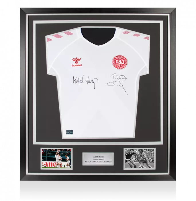 Brian Laudrup & Michael Laudrup Front Signed Denmark 2020-21 Away Shirt In Classic Frame